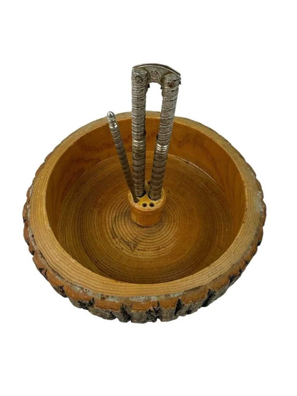 *Vintage Bark Nut Bowl Round Wooden Picks Nut Crackers Rustic Retro